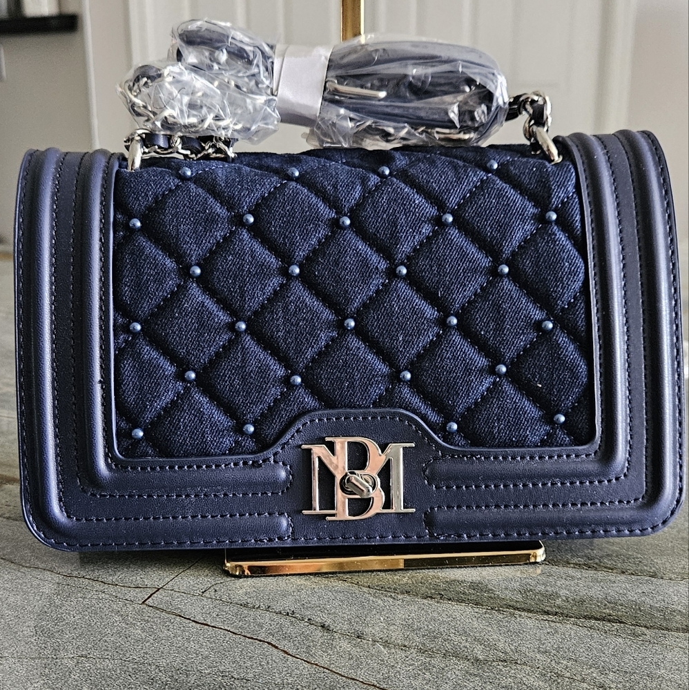 NWT Badgley Mischka Blue Denim Quilted Crossbody Bag with Chain and Beads Strap